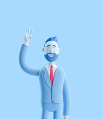3d illustration. Portrait of a handsome businessman showing victory sign. Businessman Bill yin blue color.