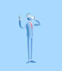 3d illustration. Portrait of businessman talking on mobile phone. Businessman Billy in blue color.