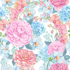 Ranunculus and Orchid .Floral pattern for fabric.Illustration watercolor