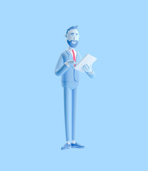 3d illustration. Businessman is holding a notebook and smiling. Businessman Billy in blue color.