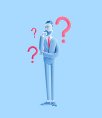 3d illustration. Businessman Billy looking for a solution. Businessman Billy in blue color.