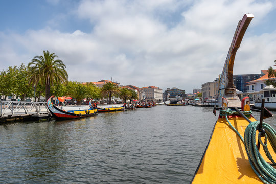 Sightseeing in a moliceiro, Traditional boat in Aveiro, sailing on the canal in Aveiro, Portugal