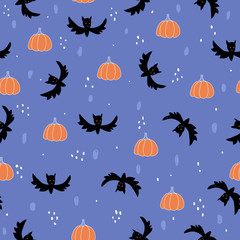 Seamless pattern with bat and pumpkin. Happy Halloween. Hand-drawn. for printing on fabric, paper, clothing. - 285639786