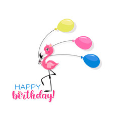Happy Birthday. Pink little flamingo with air balloons. Lettering. Greeting card. Flamingo kid. Design for children's t-shirts, textiles, gifts, holiday parties.