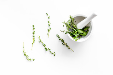 Healing herbs for medicine on white background top view