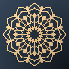 Laser cutting mandala. Golden floral pattern. Oriental silhouette ornament. Vector coaster design.