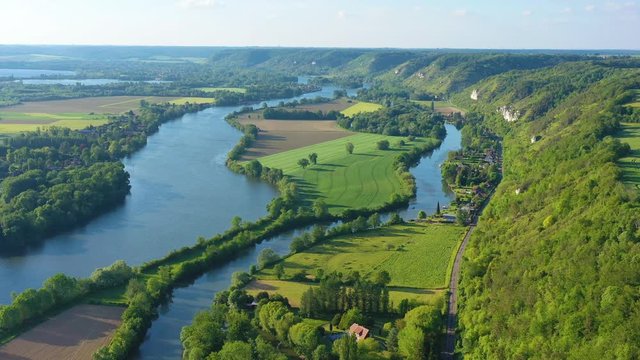 Very good aerial high over the Seine River Valley near Les Andelys, France.