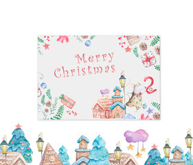 Watercolor winter holidays greeting cards with New Year tree, gift box, Christmas set and typographic design. illustration. Hand drawn illustration on white background