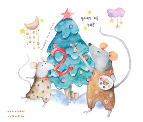 Cute watercolor cartoon rats and spruce tree. Watercolor hand drawn animals illustration. New Year 2020 holiday drawing illustration. Symbol 2020Merry Christmas gift card. Greeting postcard