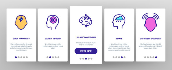 Headache Onboarding Mobile App Page Screen Vector Thin Line. Migraine Brain, Tension And Cluster Headache Symptom Linear Pictograms. Head Medical Problem Illustrations