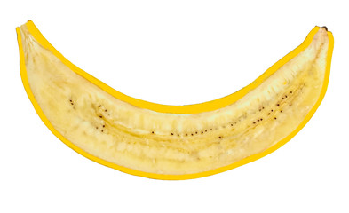 Yellow banana, cut into longitudinal on white background, closeup