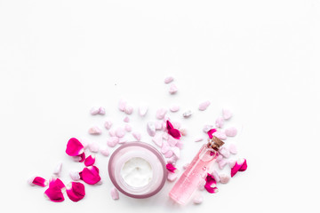 salt and rose cosmetics mock up on white background top view