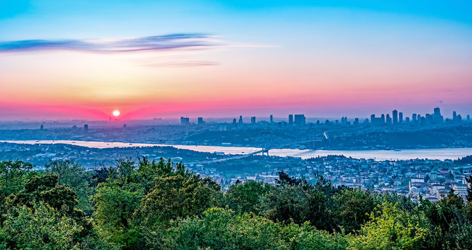 Panoramic view of Istanbul at sunset with the Bosphorus bridge between Asia and Europe, Turkey