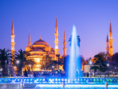 ISTANBUL, TURKEY - APRIL 21, 2018: The Blue Mosque, (Sultanahmet Camii) at night, Istanbul, Turkey