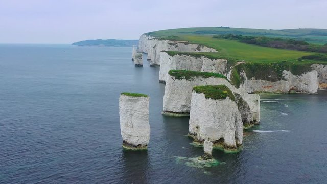 Beautiful aerial over the white cliffs of Dover near Old Harrys Rocks on the south coast of England.