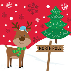 Cute Reindeer in north pole for greeting card, vector illustration