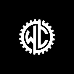 Initial letter W and C, WC, interlock cogwheel gear monogram logo, white color on black background