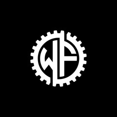 Initial letter W and F, WF, interlock cogwheel gear monogram logo, white color on black background