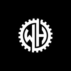 Initial letter W and H, WH, interlock cogwheel gear monogram logo, white color on black background