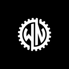 Initial letter W and N, WN, interlock cogwheel gear monogram logo, white color on black background