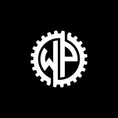 Initial letter W and P, WP, interlock cogwheel gear monogram logo, white color on black background