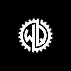 Initial letter W and Q, WQ, interlock cogwheel gear monogram logo, white color on black background