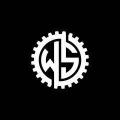 Initial letter W and S, WS, interlock cogwheel gear monogram logo, white color on black background