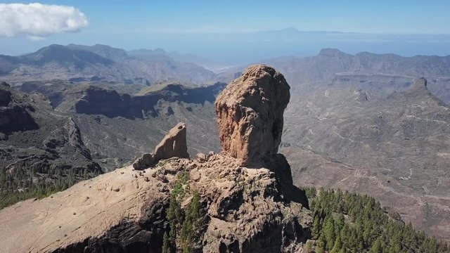 Flight around Roque Nublo, a volcanic rock in caldera of Tejeda, Gran Canaria, Canary islands, Spain.