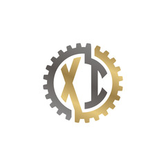 Initial letter X and I, XI, interlock cogwheel gear logo, black gold on white background