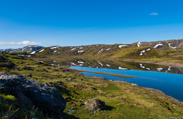 Fototapeta na wymiar View of Skjelingavatnet lake, Vik i Sogn, Norway. July 2019