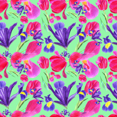 watercolor iris, tulip and leaves seamless pattern on green background