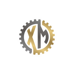 Initial letter X and M, XM, interlock cogwheel gear logo, black gold on white background