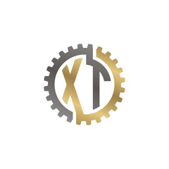 Initial letter X and T, XT, interlock cogwheel gear logo, black gold on white background