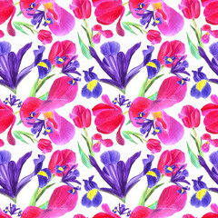 watercolor iris, tulip and leaves seamless pattern on white background