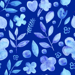 Fototapeta na wymiar watercolor simple silhouettes flowers blue seamless pattern