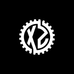 Initial letter X and Z, XZ, interlock cogwheel gear monogram logo, white color on black background