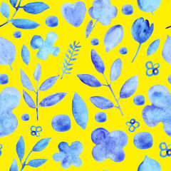 watercolor simple silhouettes flowers blue seamless pattern