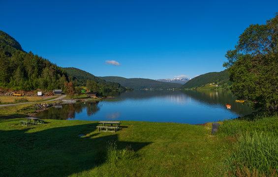 View of Oppheimsvatnet lake, Voss, Norway. July 2019