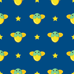 Seamless pattern of glowing cute cartoon kawaii firefly bug with bright yellow starts on dark blue background. Night time sky for kids.