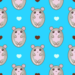 Cute cartoon mouse seamless pattern in mint light blue pastel background. kawaii style.