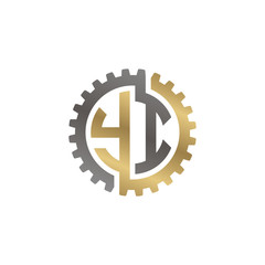 Initial letter Y and I, YI, interlock cogwheel gear logo, black gold on white background