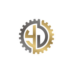 Initial letter Y and J, YJ, interlock cogwheel gear logo, black gold on white background
