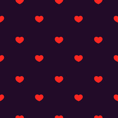 Seamless patter of red hearts on dark purple background.
