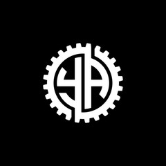 Initial letter Y and A, YA, interlock cogwheel gear monogram logo, white color on black background