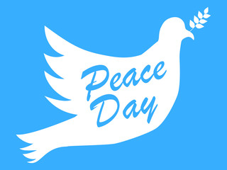 Peace day. White dove with olive branch on a blue background in a flat style. Vector illustration
