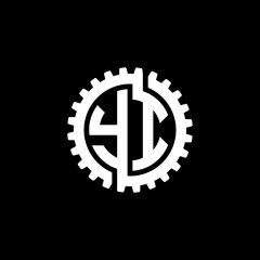 Initial letter Y and I, YI, interlock cogwheel gear monogram logo, white color on black background