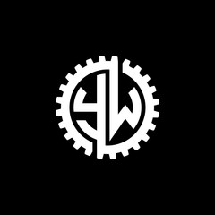 Initial letter Y and W, YW, interlock cogwheel gear monogram logo, white color on black background