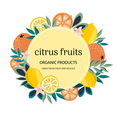 Fruit background in modern hand drawn trendy style. citrus fruits, lemon and oranges illustration and round label badge.Design template, frame, card, banner. Vector illustration, isolated on white.
