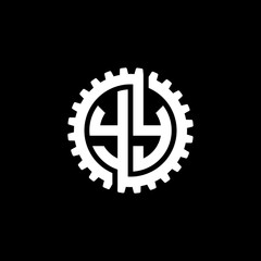 Initial letter Y and Y, YY, interlock cogwheel gear monogram logo, white color on black background
