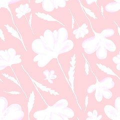 White flowers watercolor painting - seamless pattern with blossom on pink background
